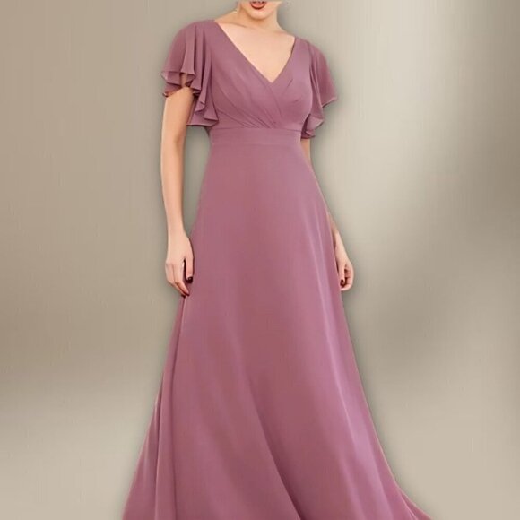 David’s Bridal A-Line Gown Surplice V-Neck Ruffle Sleeve Chiffon Pastel Purple - Picture 1 of 16